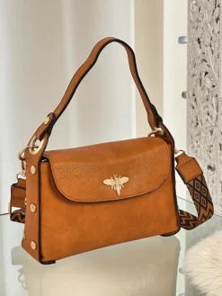 Hot Torebka damska Minerva żółta z ekoskóry, ozdoba złota pszczoła, boho pasek Damskie Małe Torebki