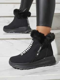 Outlet Valentina Czarne Botki Z Futerkiem Botki Z Delikatnym Ociepleniem|Botki Na Płaskim Obcasie