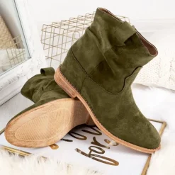 New Zielone kowbojki na krytym koturnie Astrit - Obuwie Botki Z Delikatnym Ociepleniem|Kowbojki