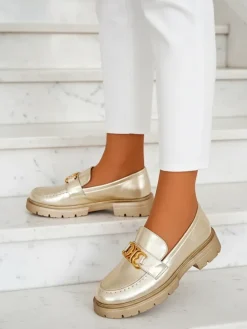 Clearance Złote Mokasyny Chloé Elegancki Styl Damski Półbuty|Mokasyny Na Płaskiej Podeszwie