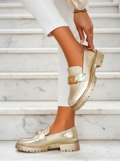 Clearance Złote Mokasyny Chloé Elegancki Styl Damski Półbuty|Mokasyny Na Płaskiej Podeszwie