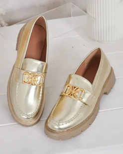 Clearance Złote Mokasyny Chloé Elegancki Styl Damski Półbuty|Mokasyny Na Płaskiej Podeszwie