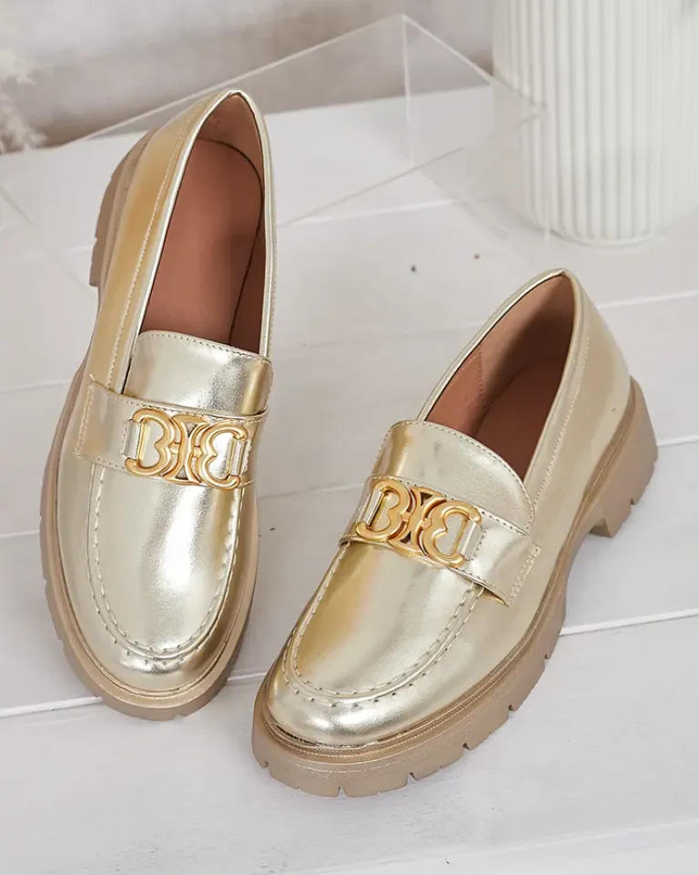 Clearance Złote Mokasyny Chloé Elegancki Styl Damski Półbuty|Mokasyny Na Płaskiej Podeszwie