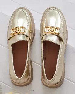 Clearance Złote Mokasyny Chloé Elegancki Styl Damski Półbuty|Mokasyny Na Płaskiej Podeszwie