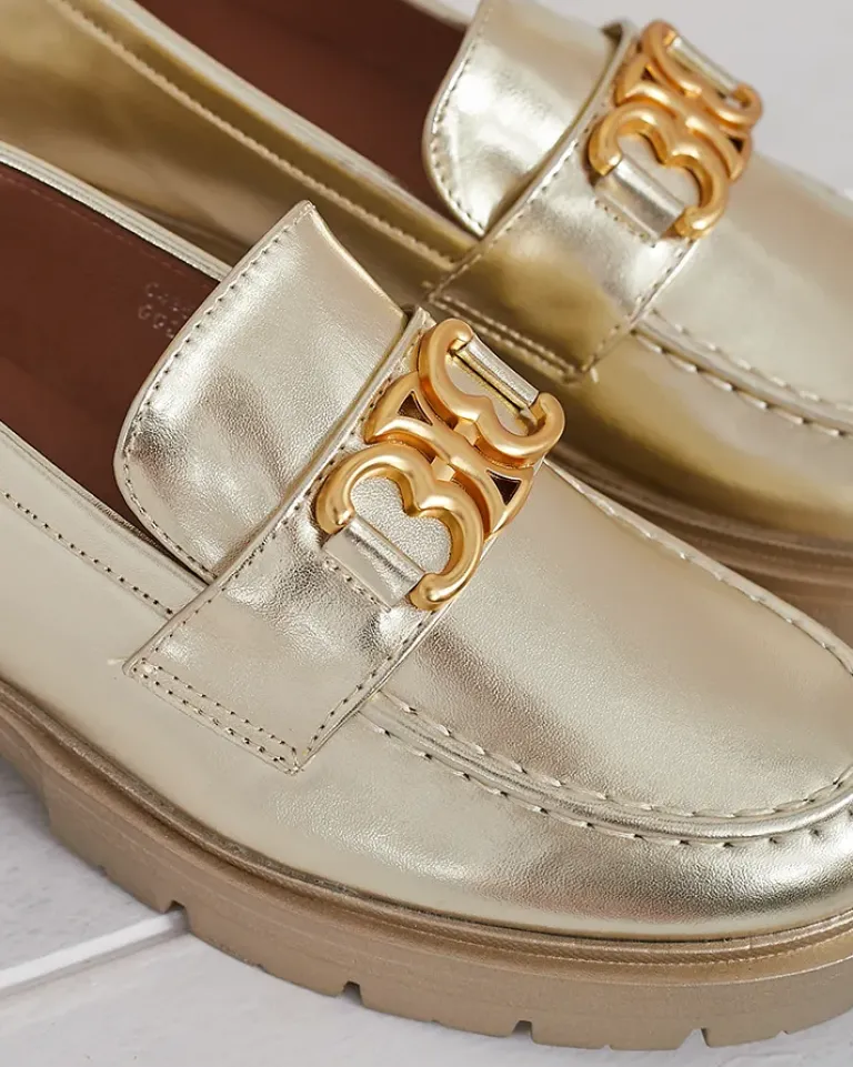 Clearance Złote Mokasyny Chloé Elegancki Styl Damski Półbuty|Mokasyny Na Płaskiej Podeszwie