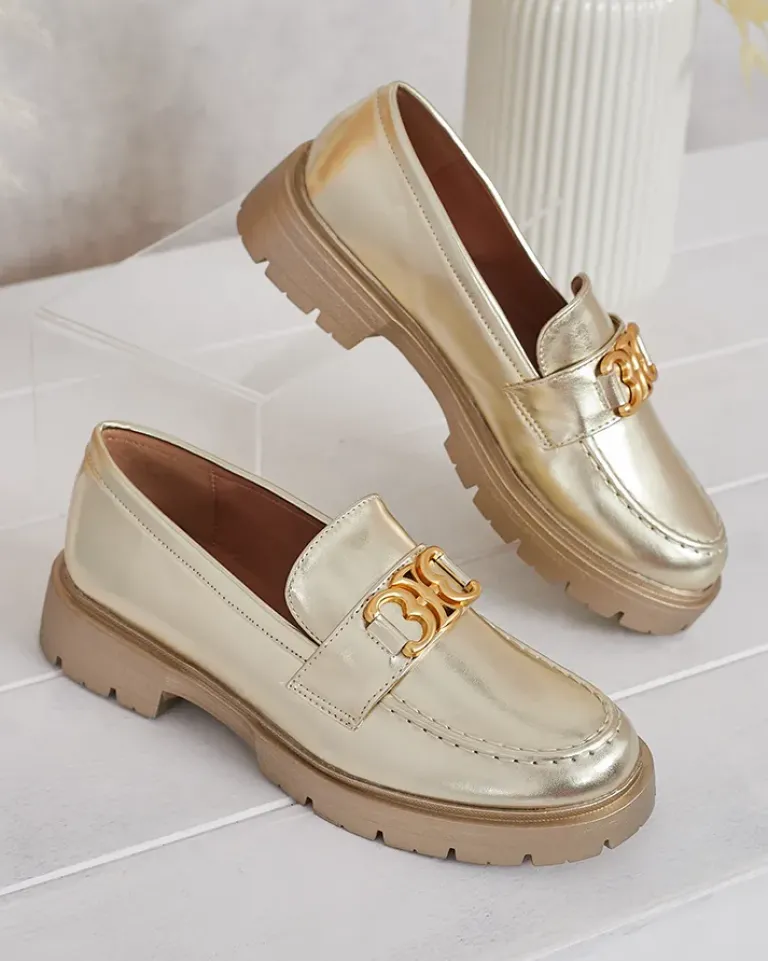 Clearance Złote Mokasyny Chloé Elegancki Styl Damski Półbuty|Mokasyny Na Płaskiej Podeszwie